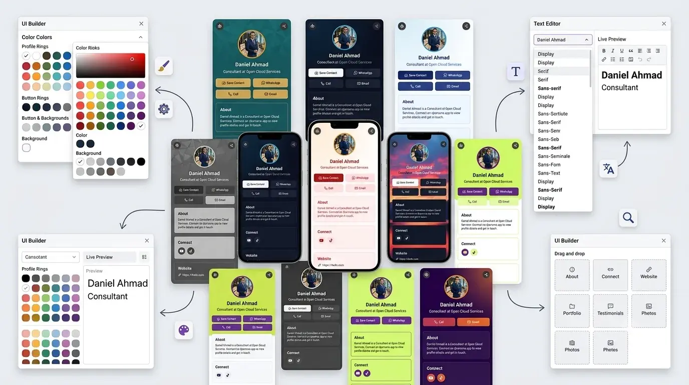 Customizable profile design with editable themes, layout blocks, and typography